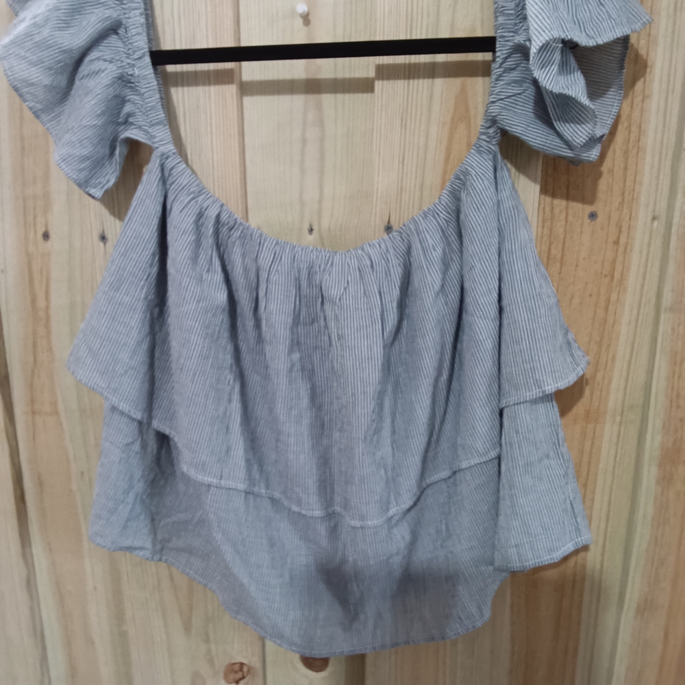 Lucky Brand Striped Ruffle Off-Shoulder Top. NWT